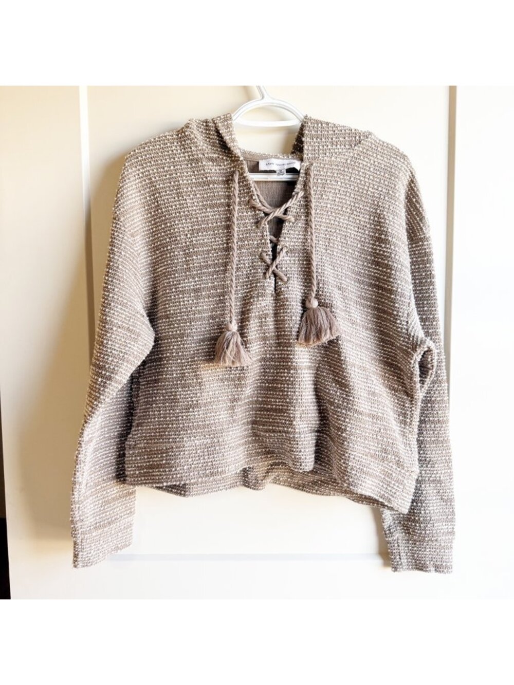 Something Navy Brown Textured Hooded Sweater With Lace-Up Front & Tassels Size M
